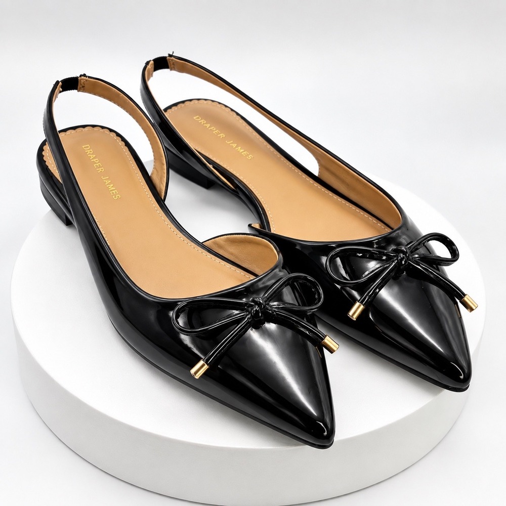 Draper James Brooke Black Patent Bow Slingback Pointed Toe Flats 10 MED